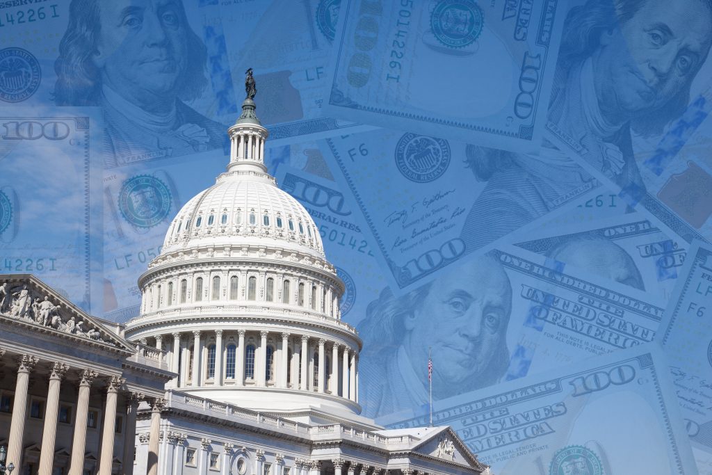 US National Capitol building with money watermark