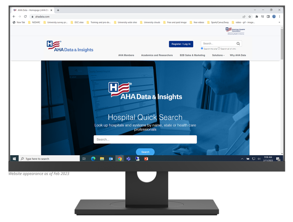 Desktop monitor showing the American Hospital Association homepage