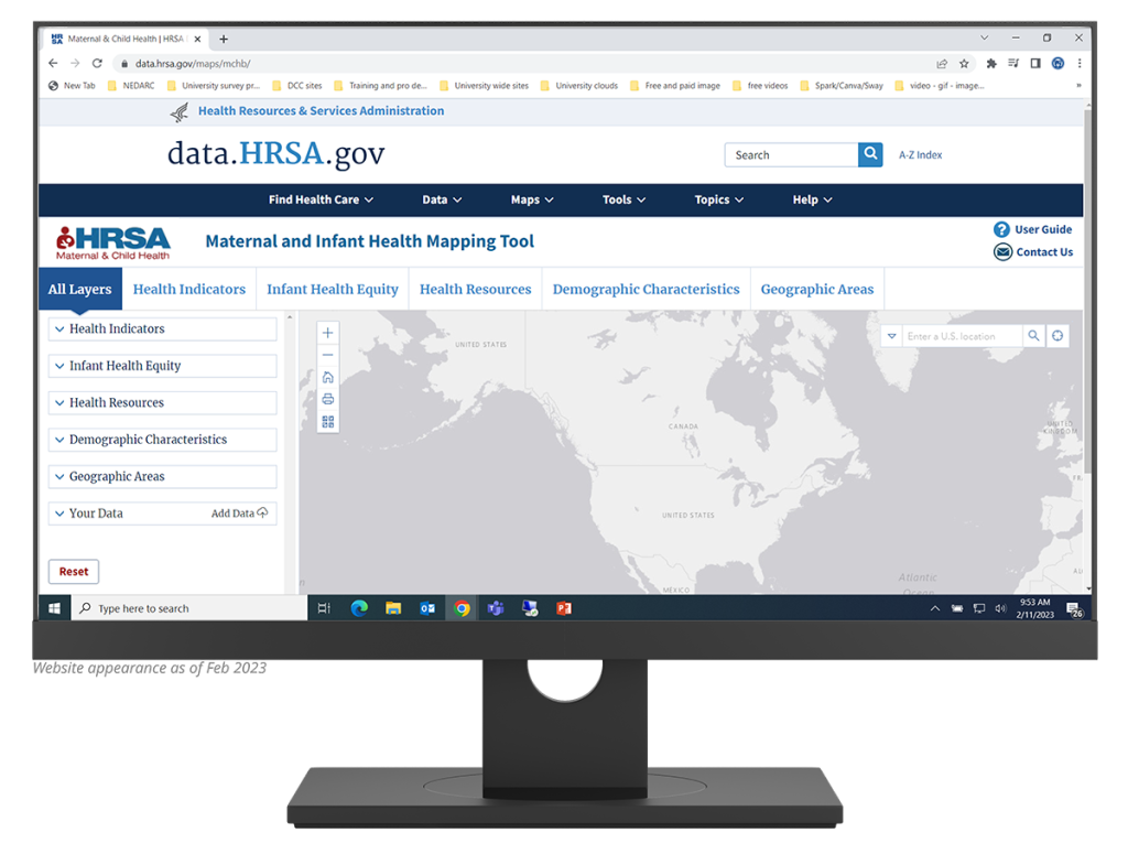 Desktop monitor showing the Maternal and Infant Health Mapping Tool page