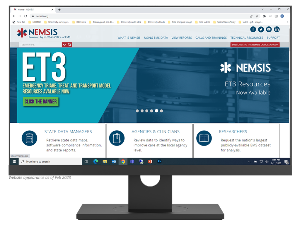 Desktop monitor showing NEMSIS homepage