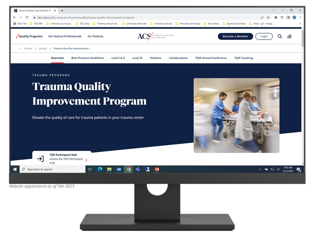 Desktop monitor showing the Trauma Quality Improvement Program homepage
