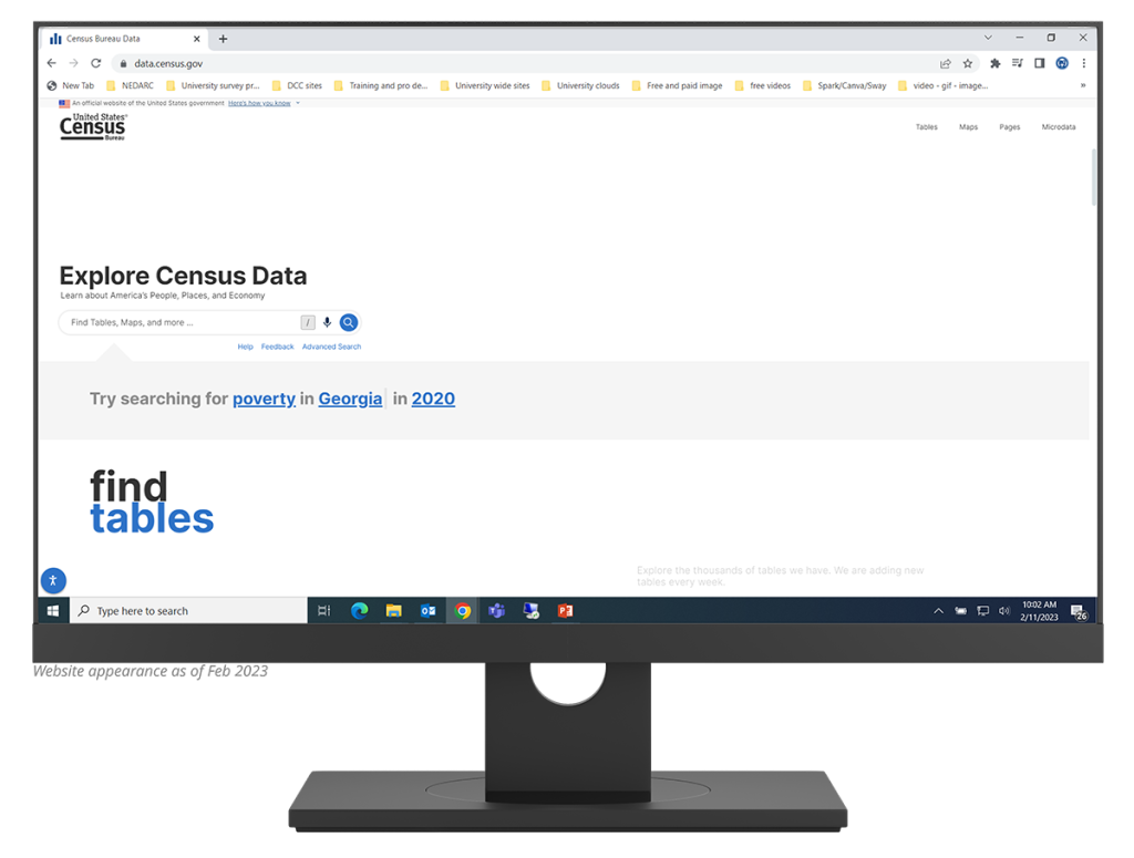 Desktop monitor showing the explore census data webpage